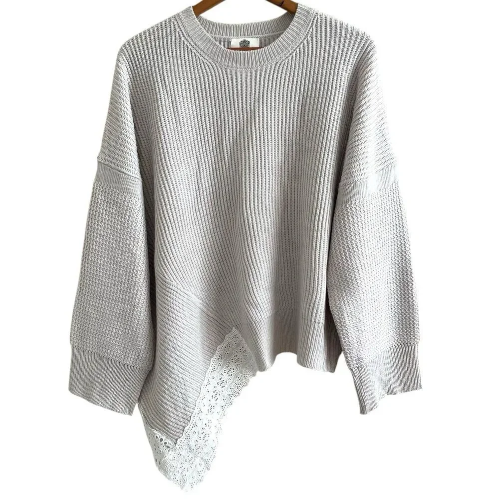 Lilis Closet Lace Asymmetric Sweater L Ribbed Boho Soft Girl Cozy Cottagecore